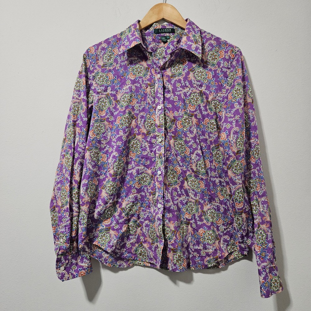 Lauren Ralph Lauren Purple Paisley Floral Cotton Button Down Shirt Womens Large